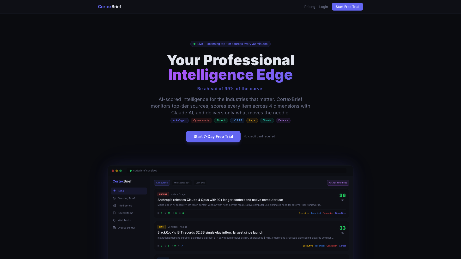CortexBrief intelligence platform dashboard