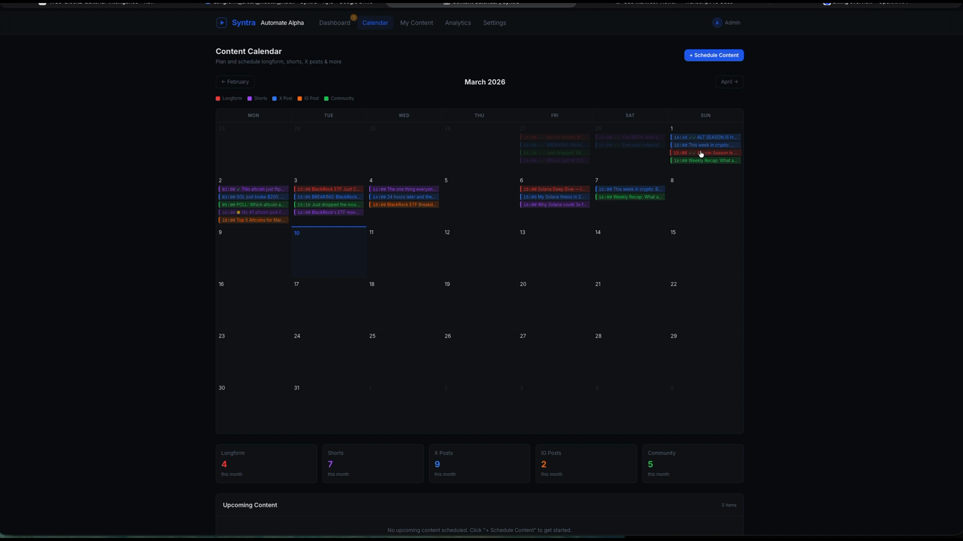 Syntra Alpha content calendar dashboard