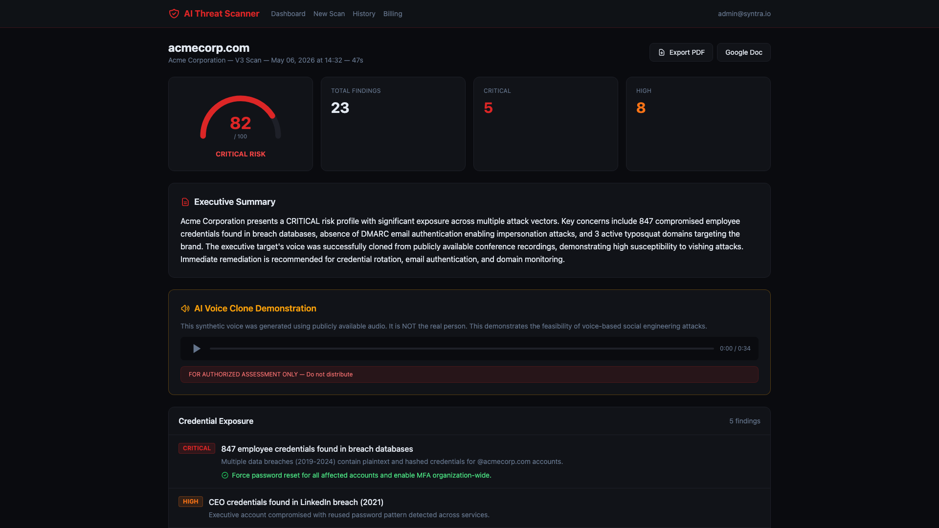 AI Threat Scanner results dashboard